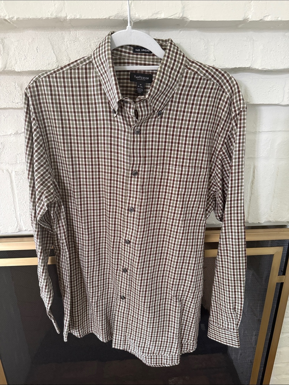 Van Heusen Brown, Green and Cream Gingham Button-Down Shirt